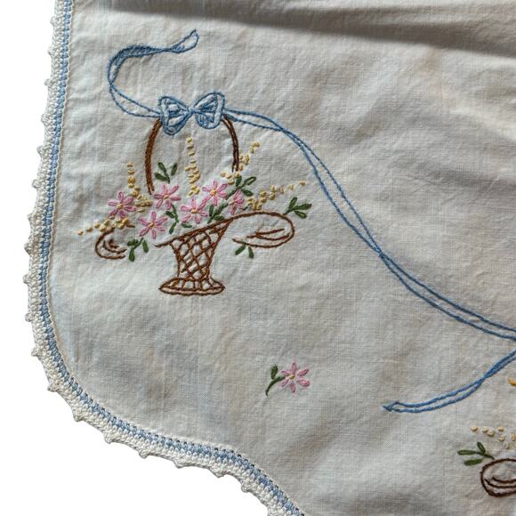 Art Deco Dresser Scarf table runner white cotton hand embroidery & crochet trim - Picture 4 of 8